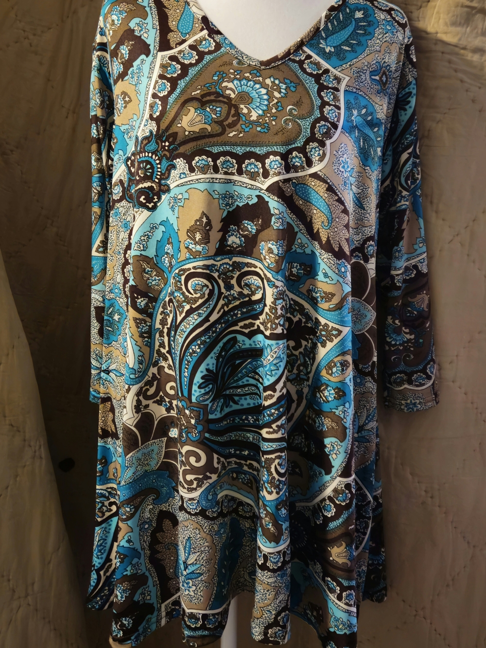 Southern Charm Women's XL Blue Brown Paisley Tunic Top 3/4 Sleeve Stretch Boho